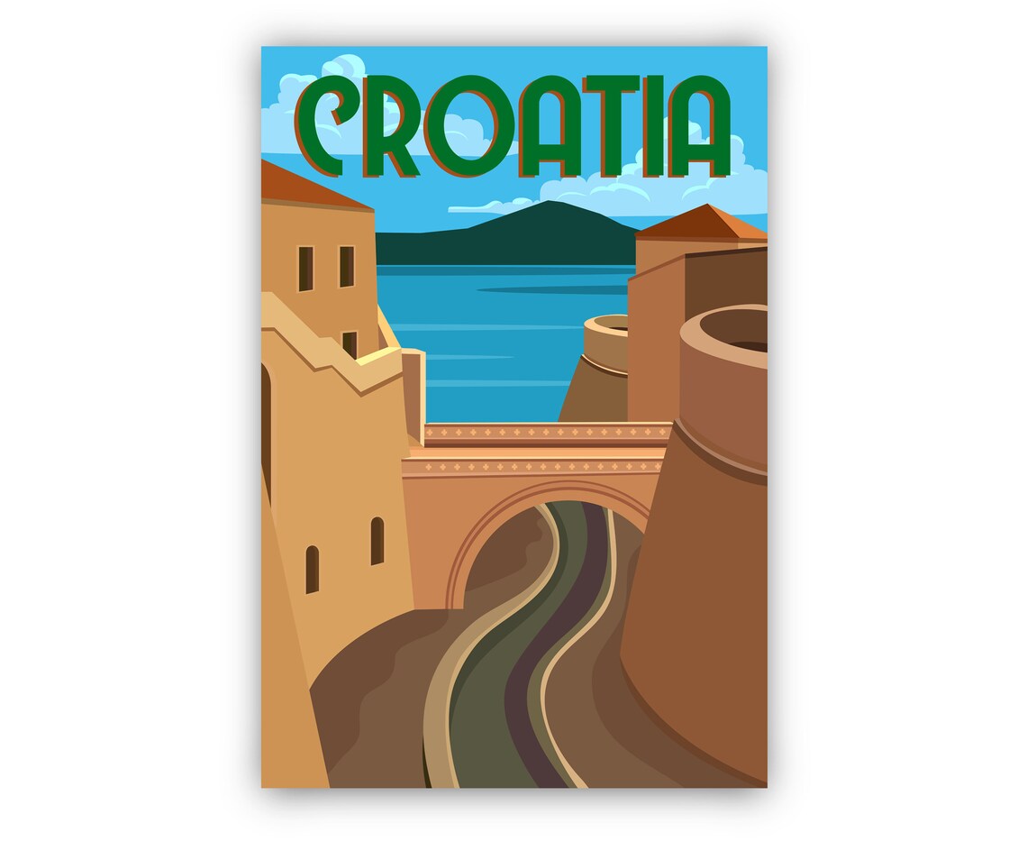 Croatia Historic Walled City Bridge Sea View Retro Travel Poster - Image 2