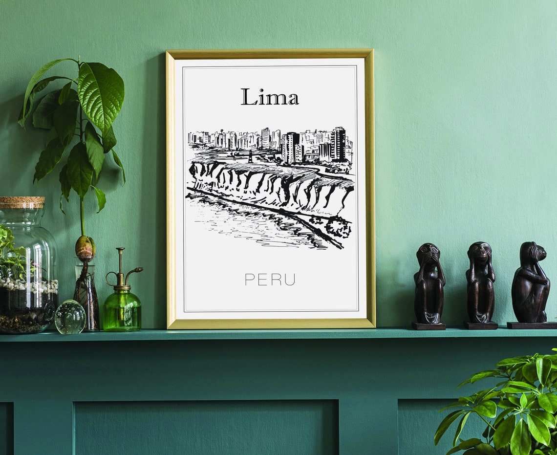 Lima Peru Coastal Cliffs Miraflores Hand Drawn Black Sketch Art Poster - Image 3