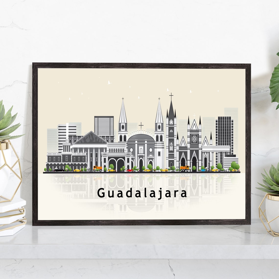 Guadalajara Mexico Cathedral Skyline Flat Vector Travel Poster