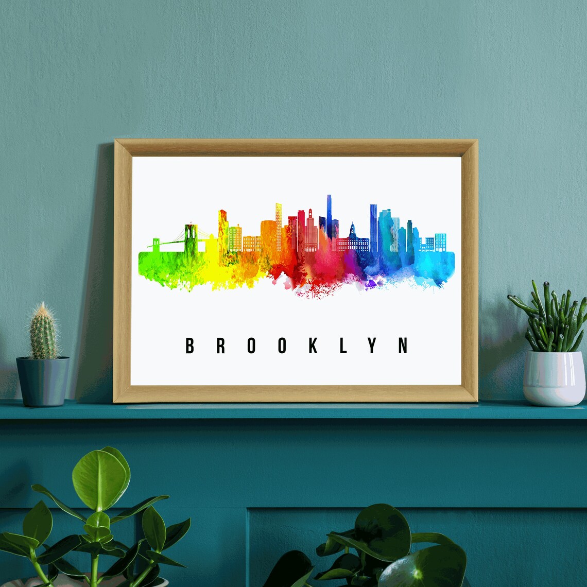 Brooklyn New York Rainbow Watercolor Skyline Bridge City Art Poster - Image 3