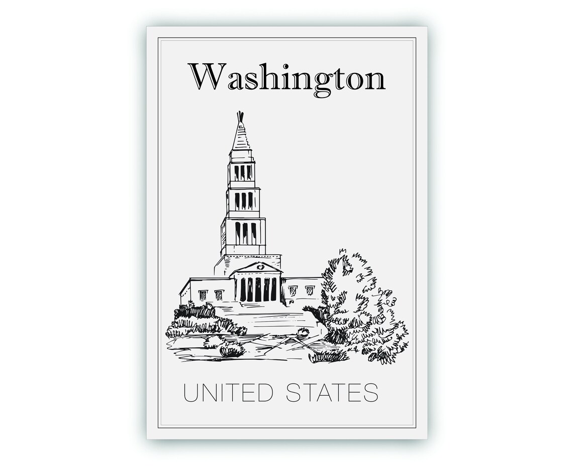 Washington DC Masonic Memorial Tower Hand Drawn Line Art Travel Poster - Image 2