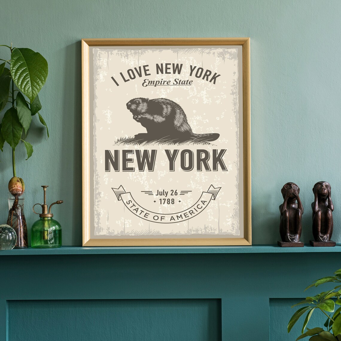 New York Empire State Beaver Symbol Vintage Statehood Travel Poster - Image 3