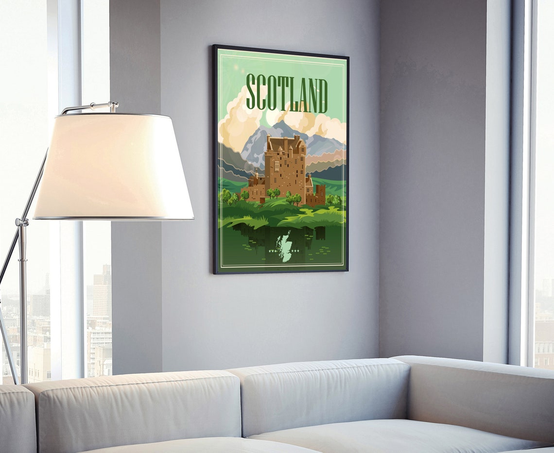 Scotland Highland Castle Lake Reflection Retro Style Travel Poster - Image 4