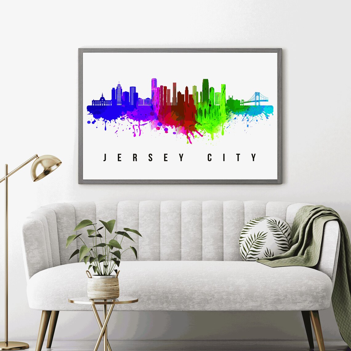 Jersey City New Jersey Rainbow Watercolor Skyline Travel Poster - Image 3