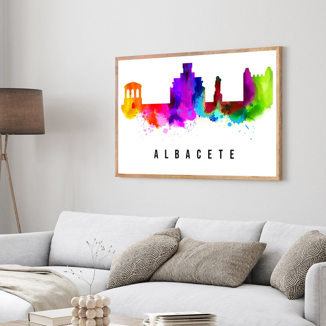 Albacete Spain Rainbow Watercolor Skyline Modern Cityscape Art Poster - Image 3