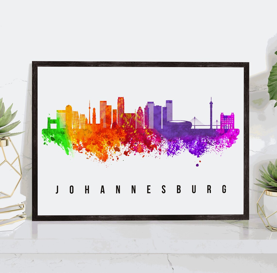 Johannesburg South Africa Rainbow Watercolor Skyline City Poster