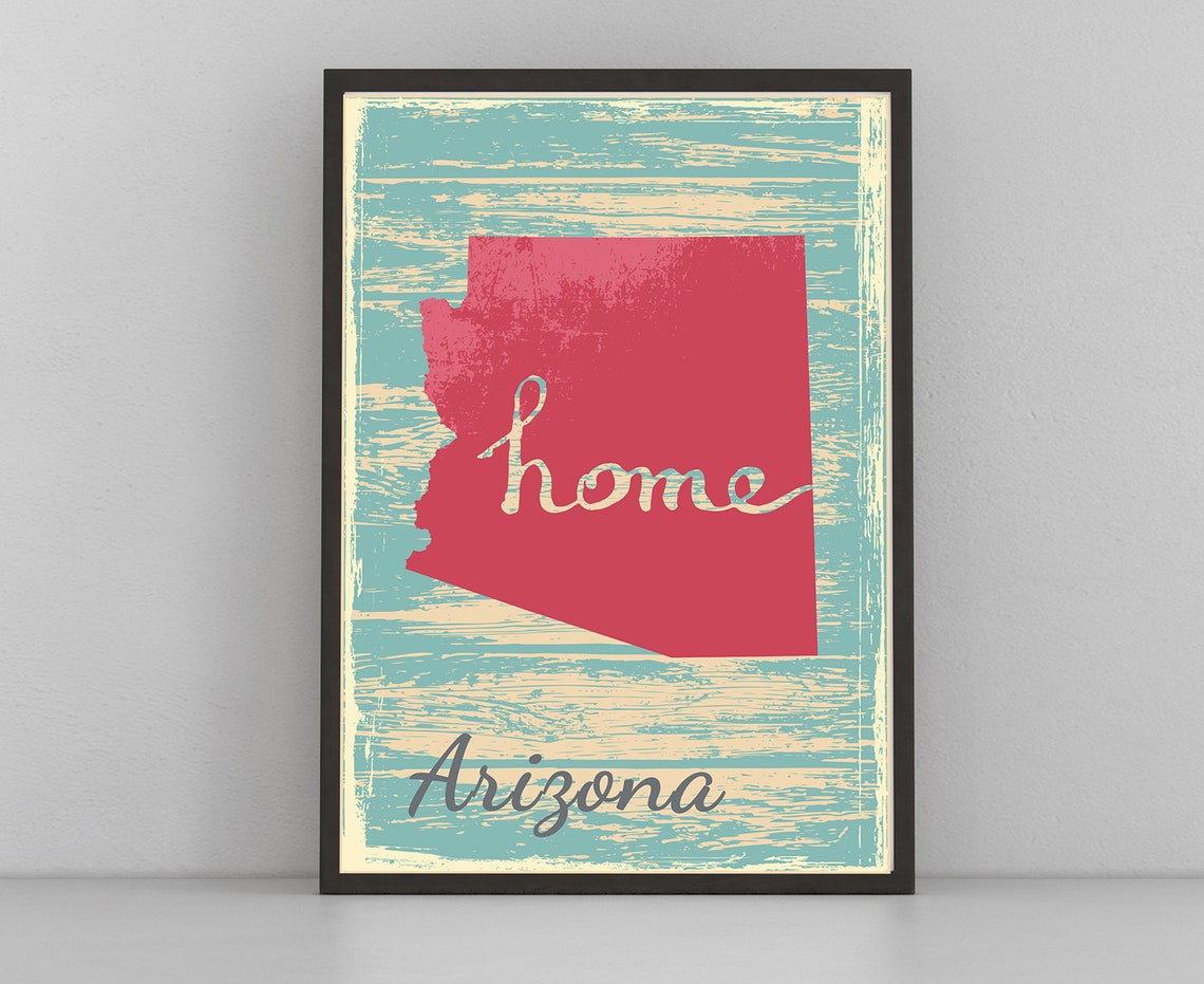 Arizona Home State Red Silhouette Vintage Distressed Teal Map Poster