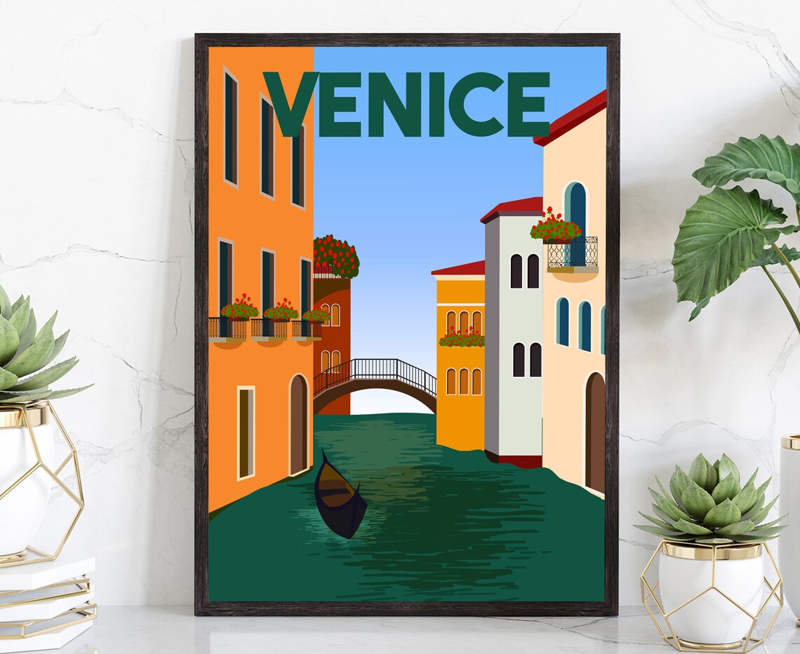 Venice Italy Canal Gondola Bridge Colorful Buildings Travel Poster Art