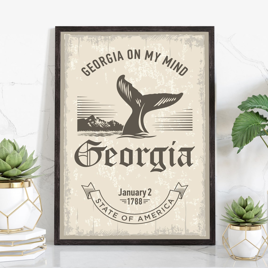 Georgia on My Mind Vintage Poster with Whale Tail Ocean Sunset Artwork