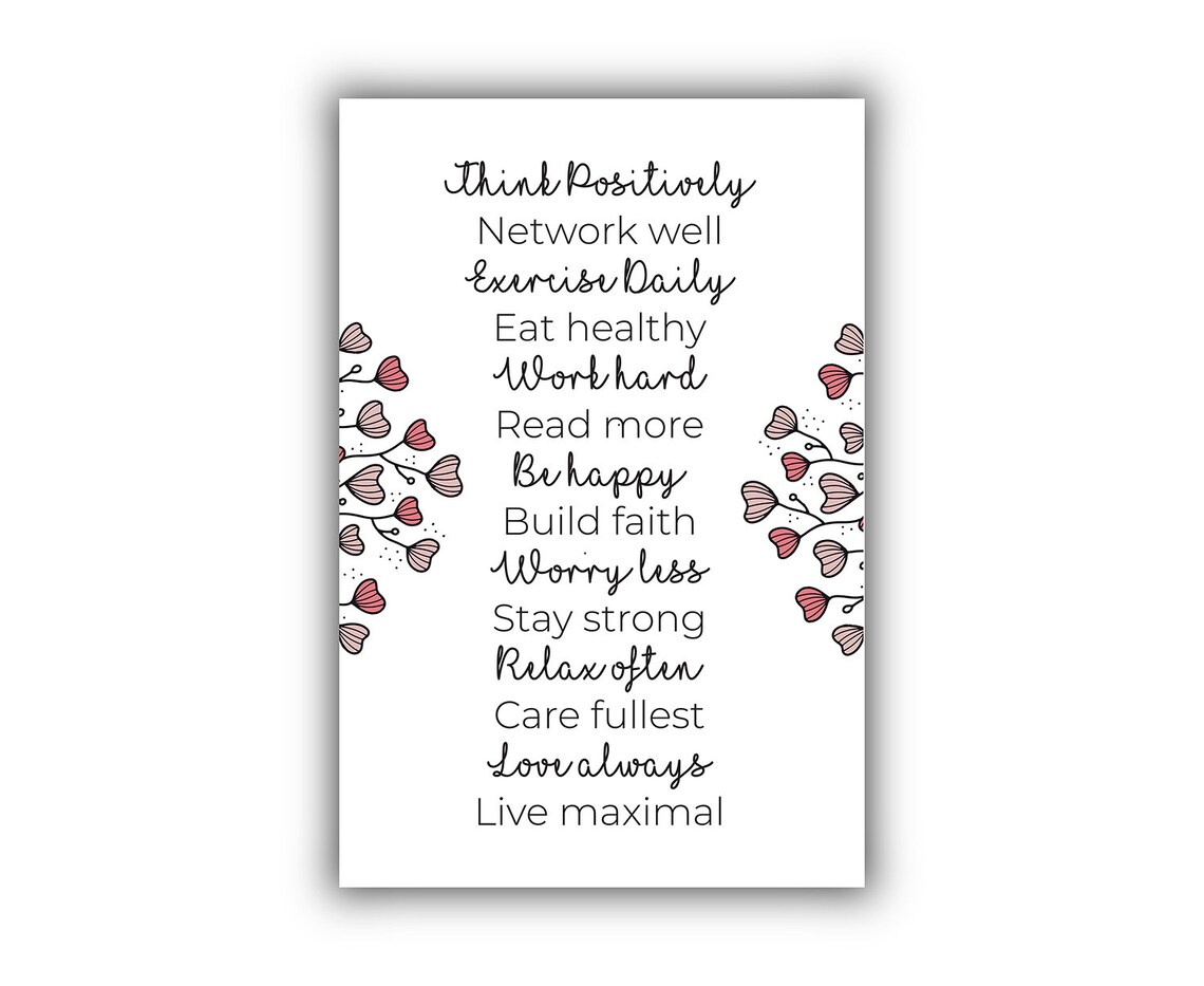 Think Positively Live Well Floral Checklist Inspirational Quote Poster - Image 2