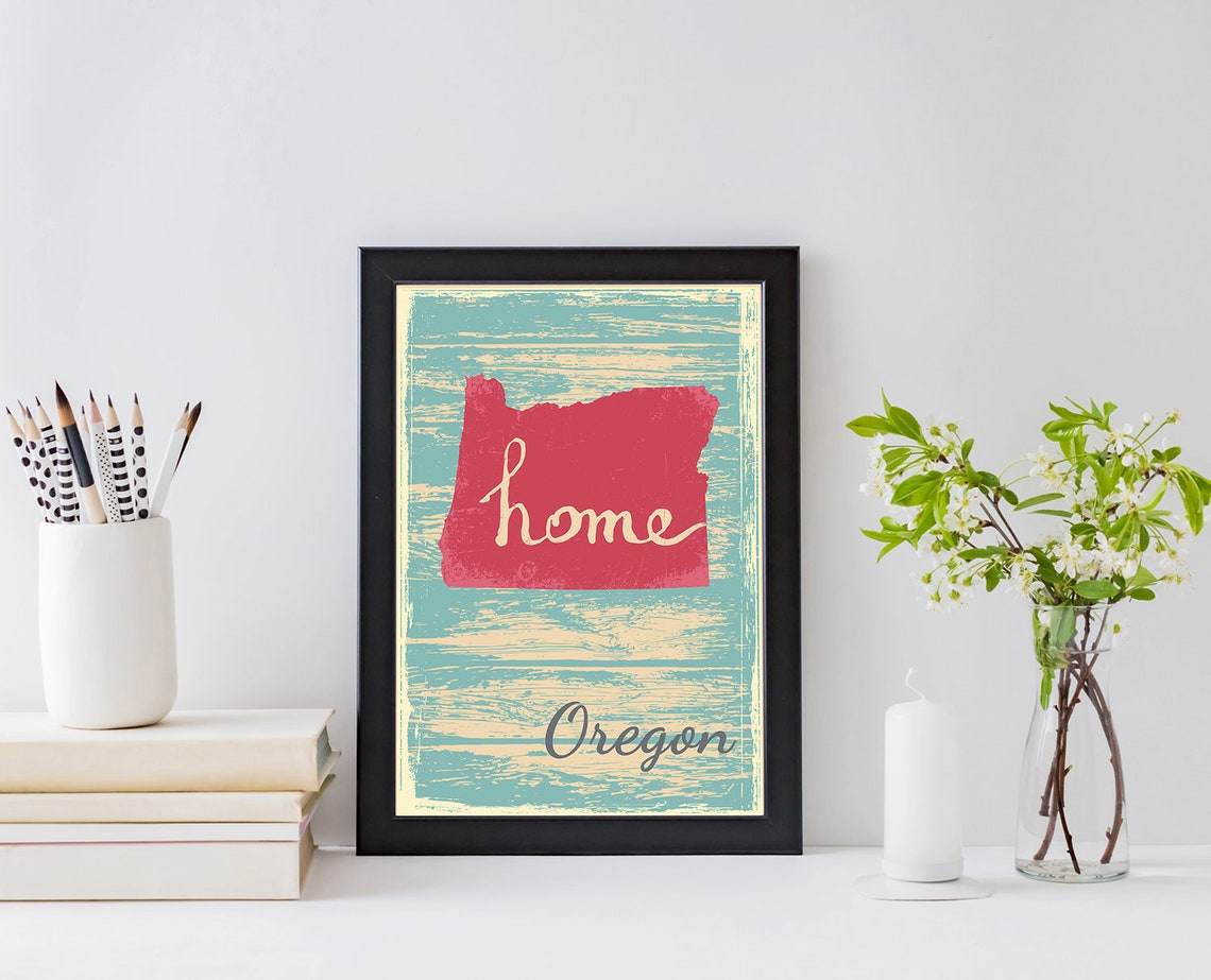 Oregon Home State Red Silhouette Vintage Distressed Teal Map Poster - Image 2
