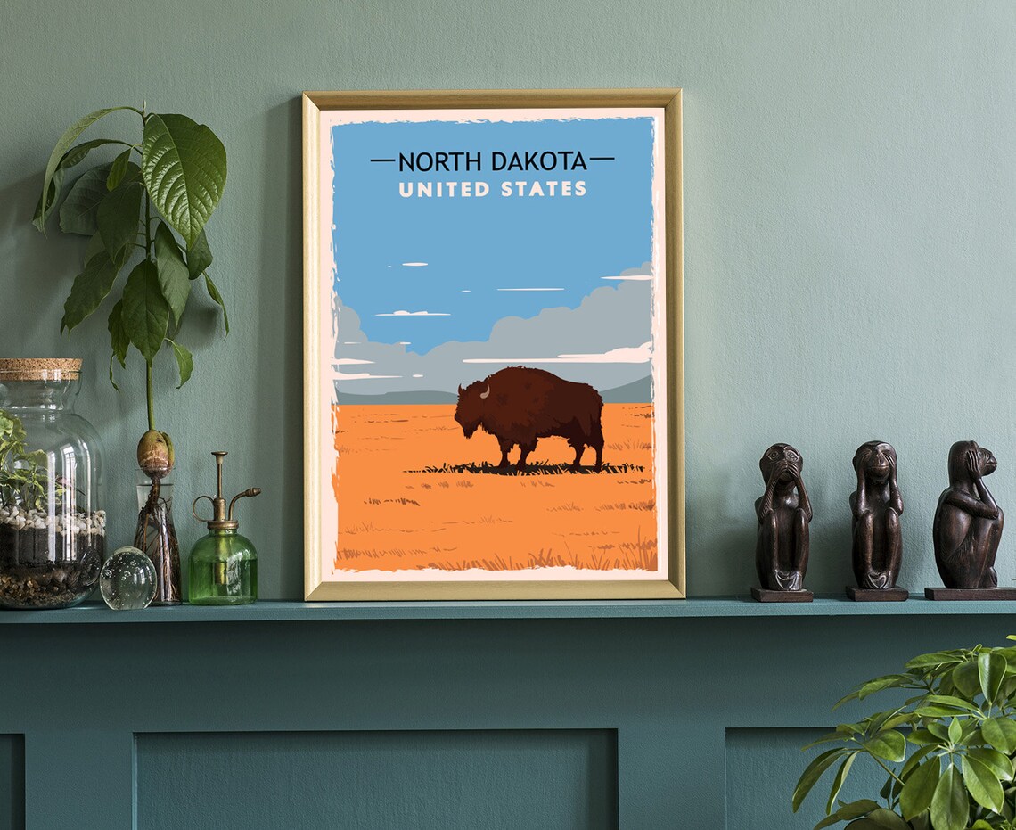 North Dakota Bison Prairie Sunset Vintage Retro Style Travel Poster - Image 3
