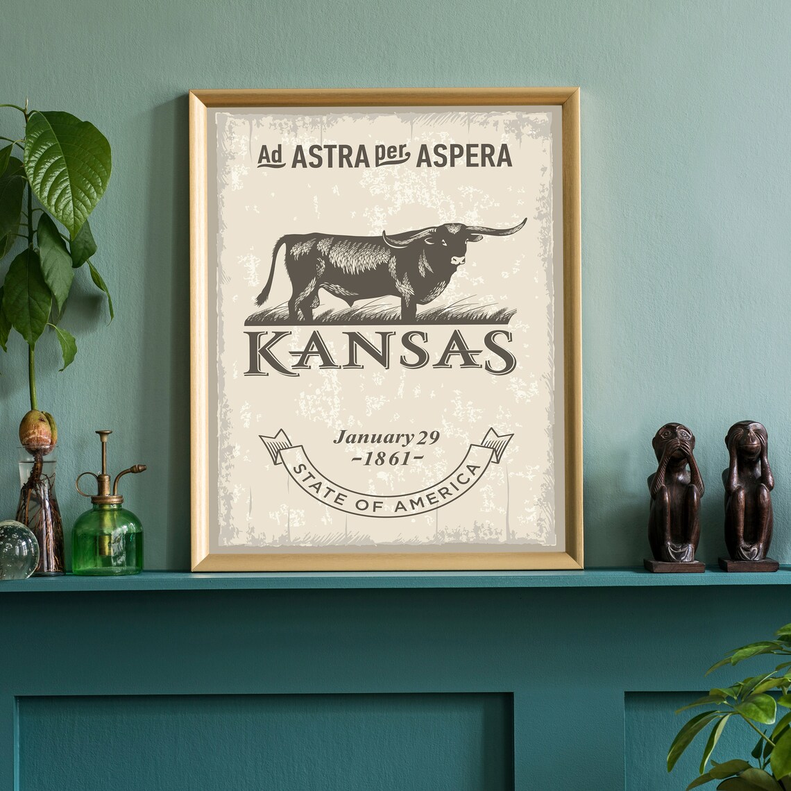 Kansas Ad Astra Per Aspera Longhorn Vintage State Emblem Travel Poster - Image 3