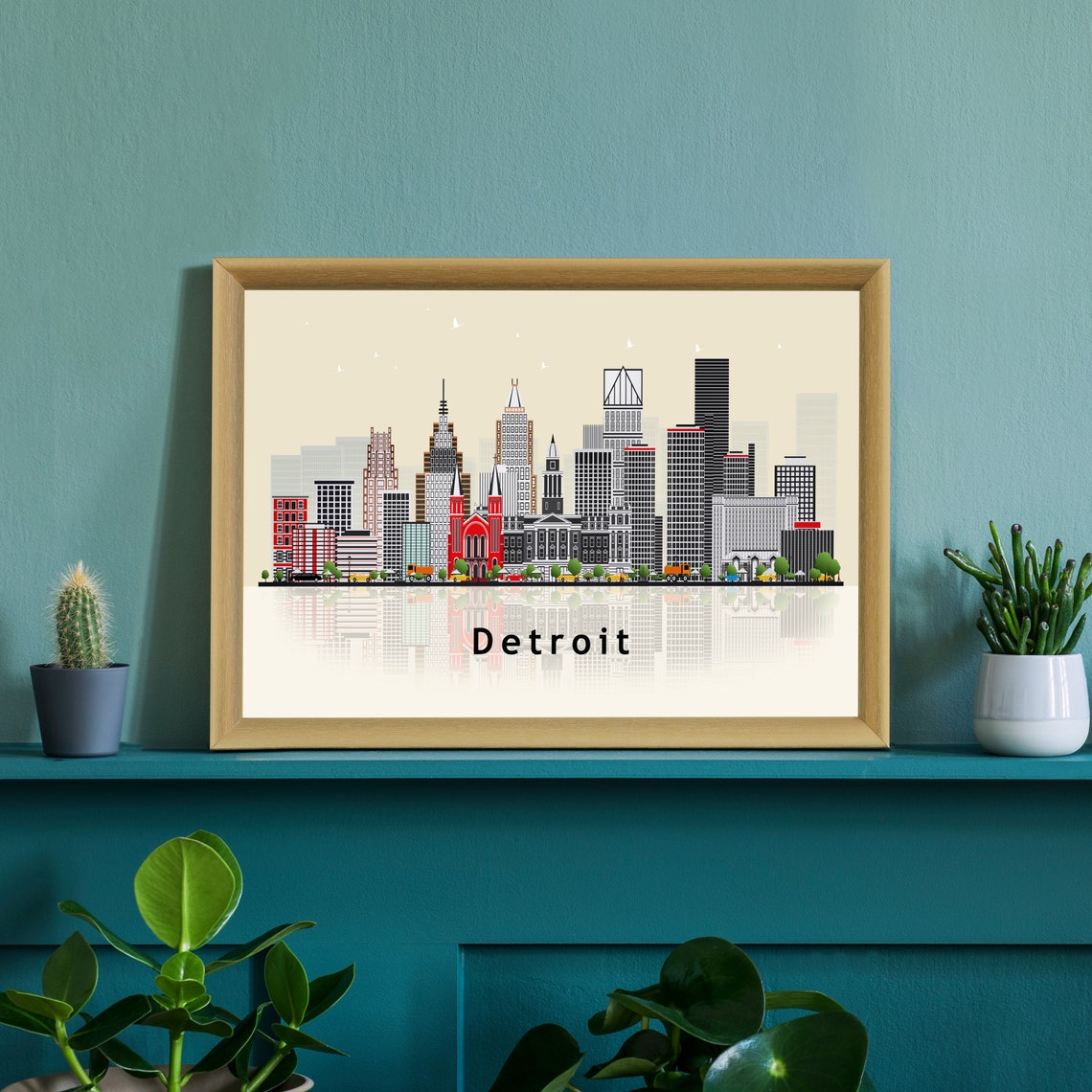 Detroit Michigan Renaissance Center Flat Skyline Travel Poster - Image 2