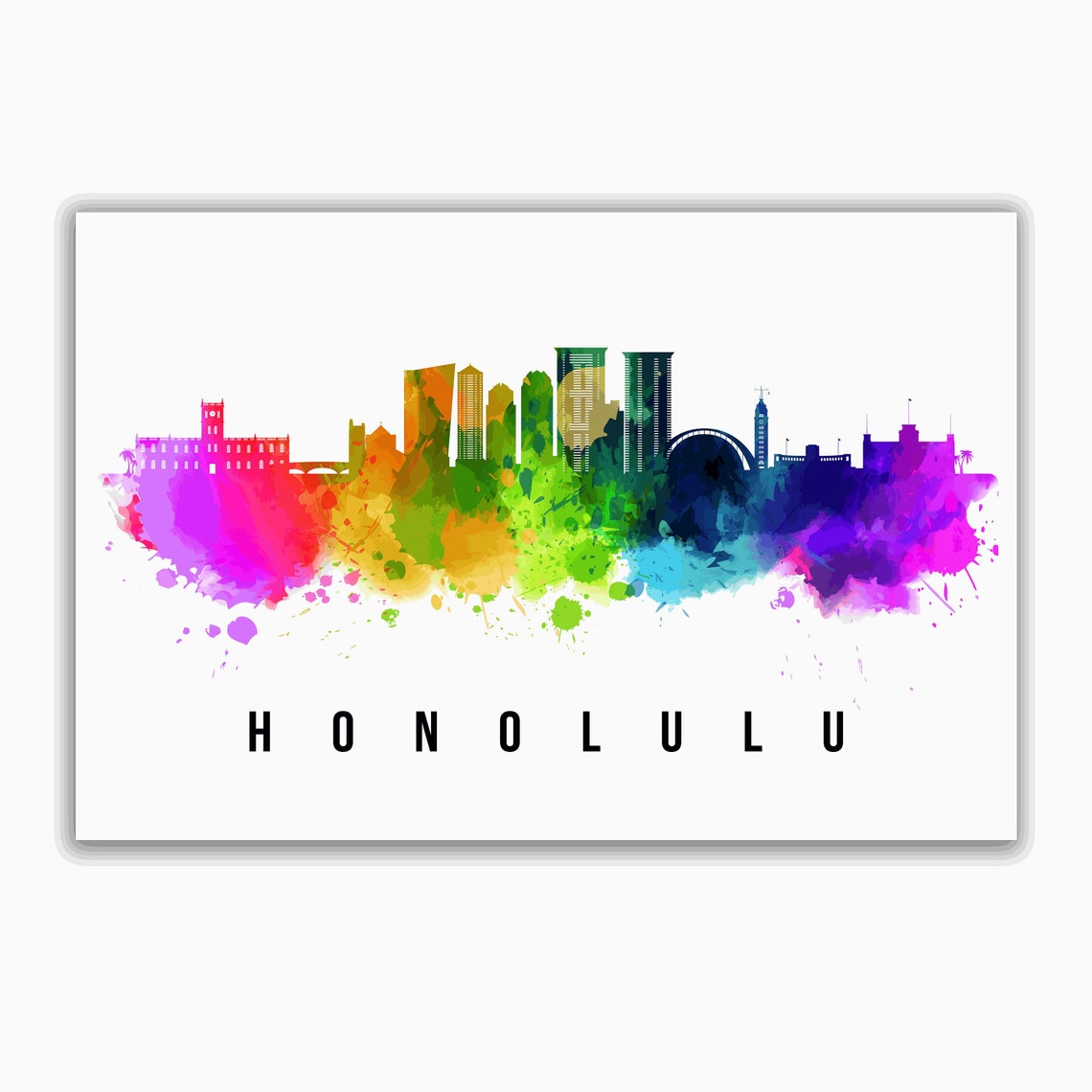 Honolulu Hawaii Rainbow Watercolor Skyline Cityscape Art Poster - Image 2