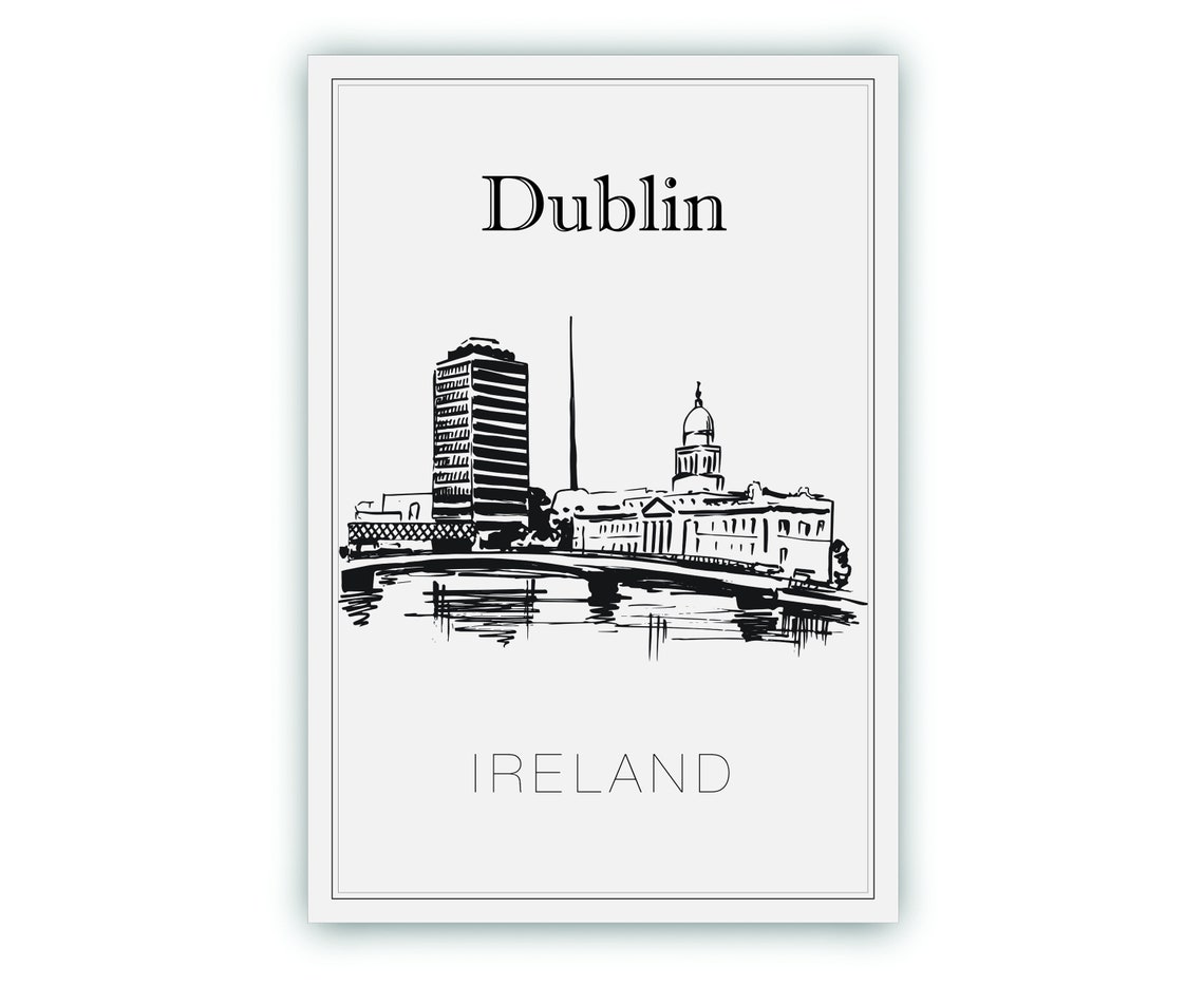 Dublin Ireland Hand Drawn Skyline Sketch Black White Line Art Poster - Image 2