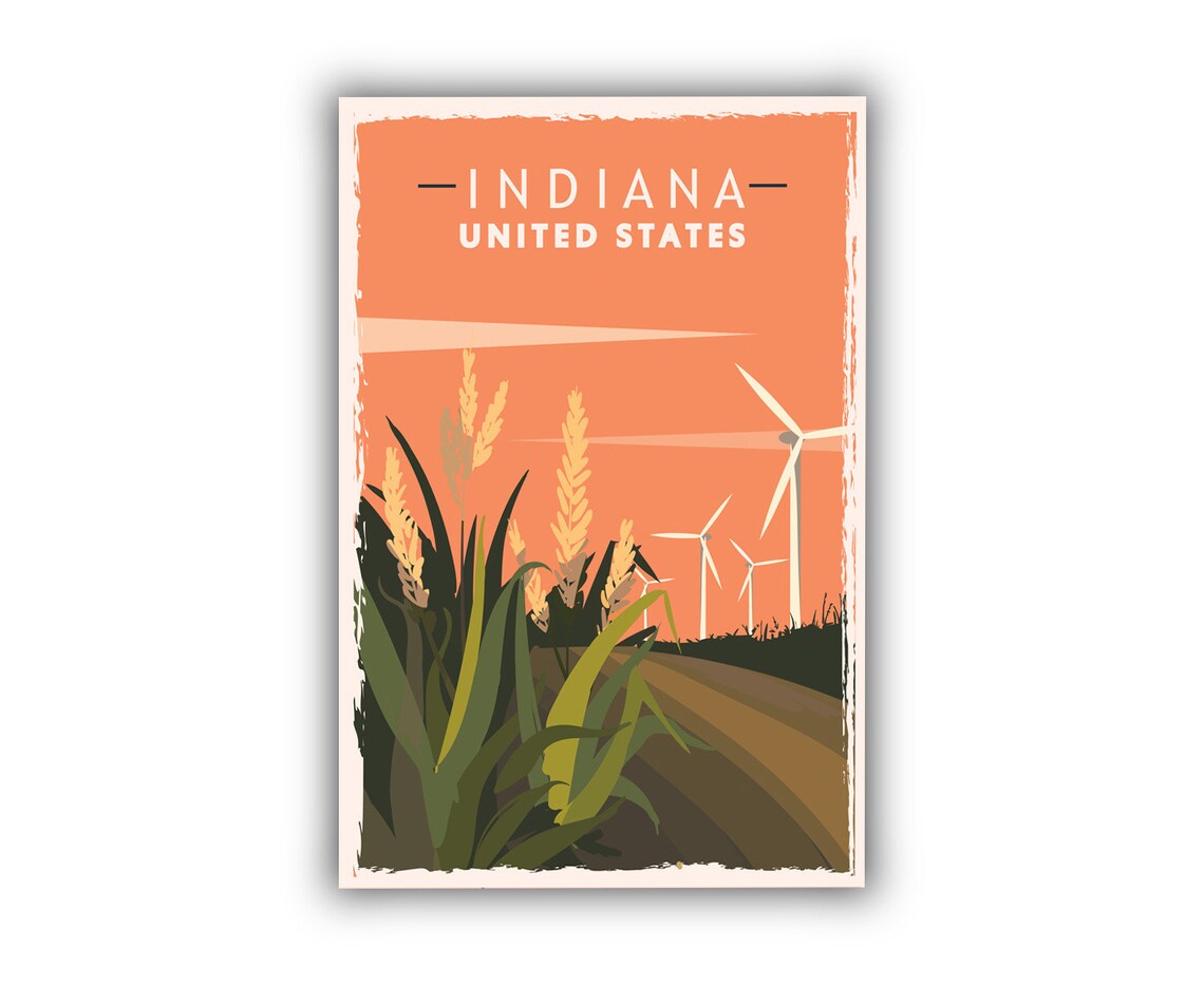 Indiana United States Sunset Wheat Field Wind Turbines Travel Poster - Image 2