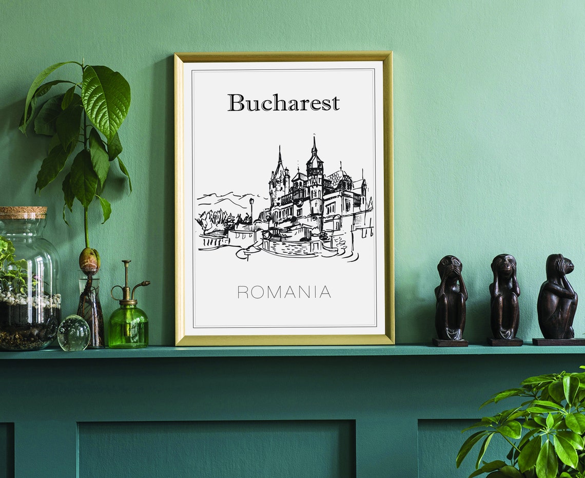 Bucharest Romania Hand Drawn Black White Landmark Sketch Poster - Image 3