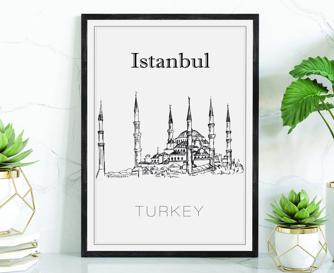 Istanbul Turkey Blue Mosque Six Minarets Hand Drawn Sketch Poster