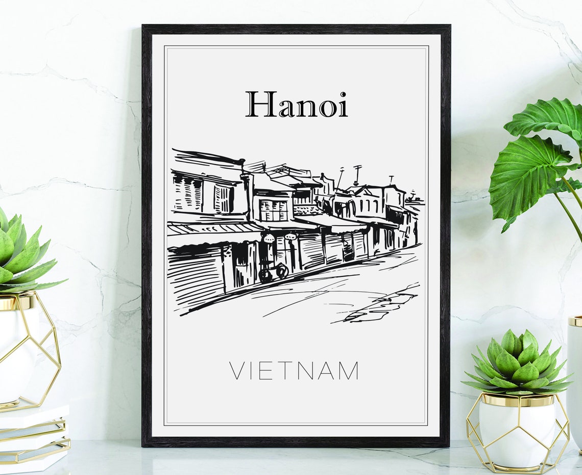 Hanoi Vietnam Old Quarter Street Shops Hand Drawn Line Art Poster