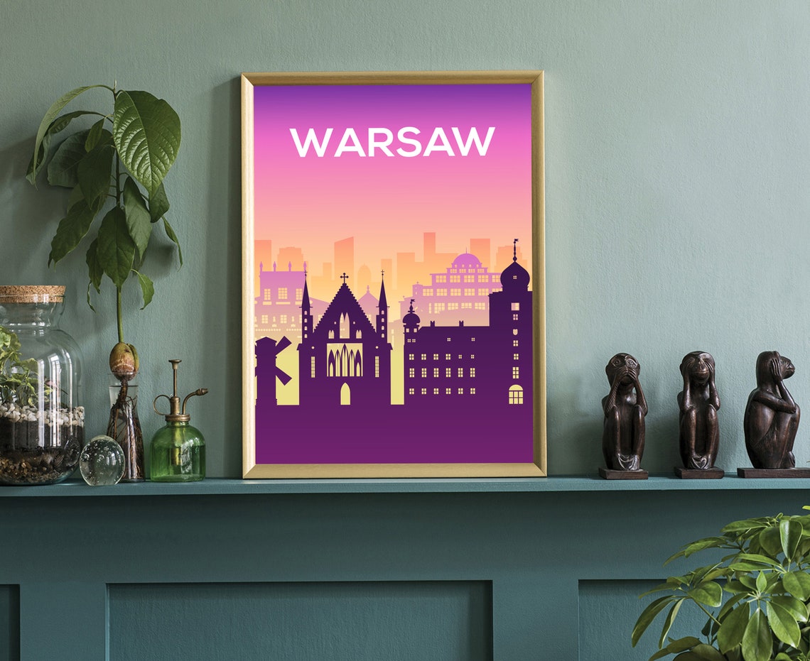 Warsaw Poland Purple Silhouette Sunset Skyline Modern Travel Poster - Image 3