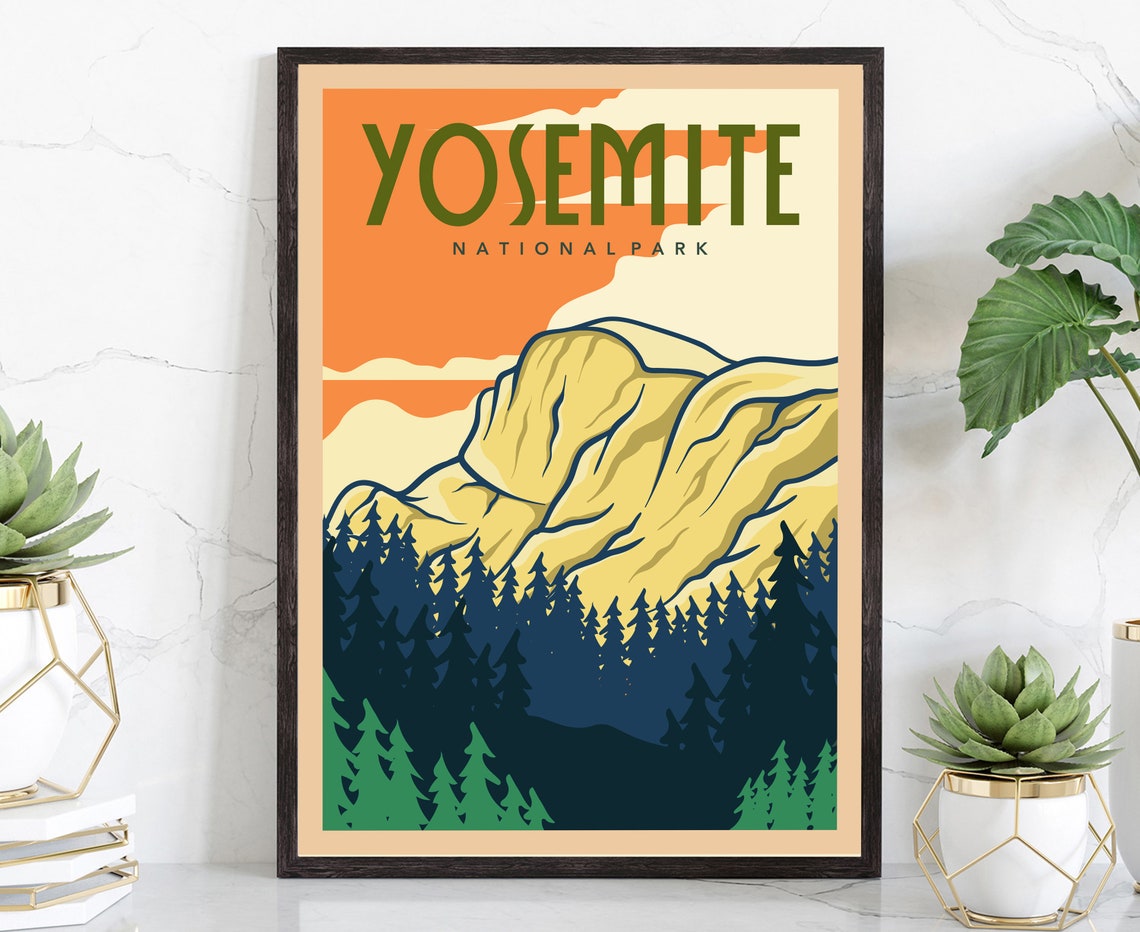 Yosemite National Park Retro Granite Cliffs Pines Travel Poster