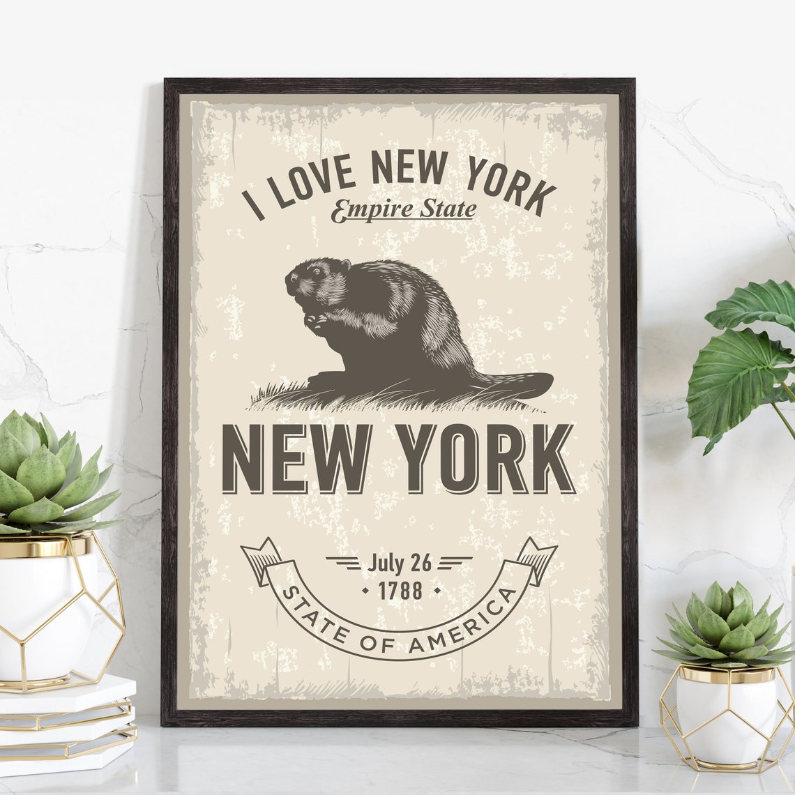 New York Empire State Beaver Symbol Vintage Statehood Travel Poster