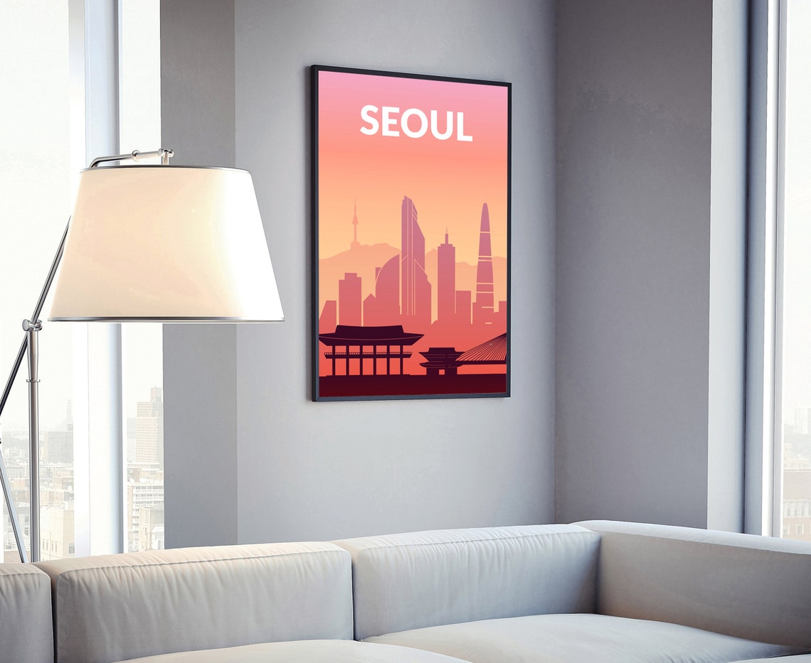 Seoul South Korea Solid Color Sunset Skyline Silhouette Travel Poster - Image 4