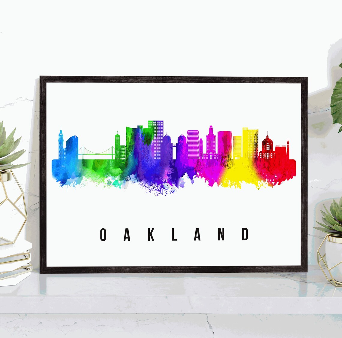 Oakland California Rainbow Watercolor Skyline Travel Poster Wall Art