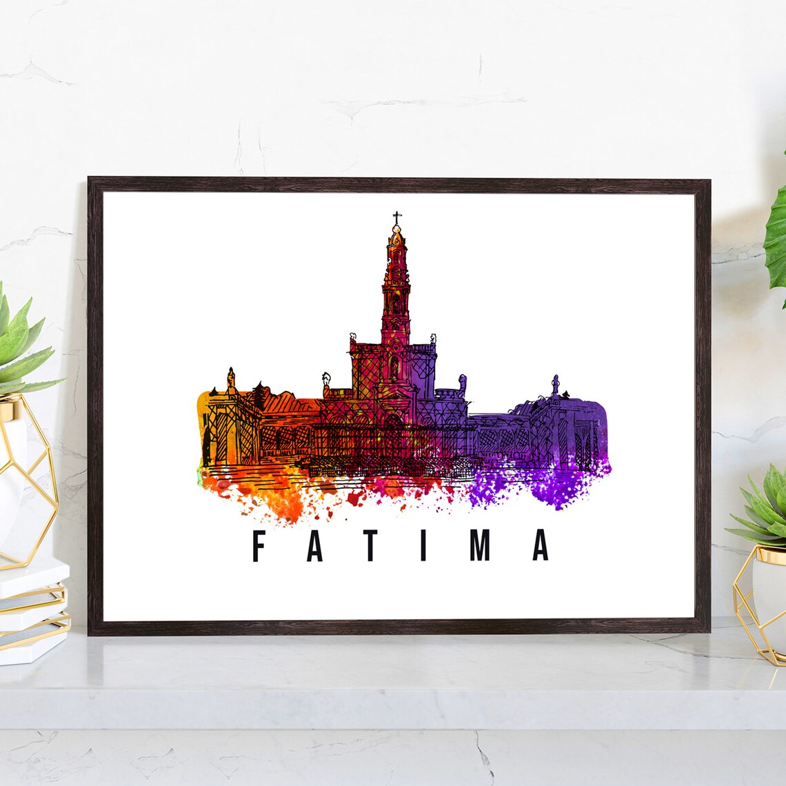 Fatima Portugal Watercolor Skyline Sanctuary Bell Tower Poster