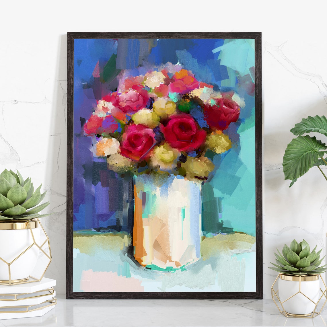 Colorful Abstract Roses Bouquet Teal Background Floral Art Poster