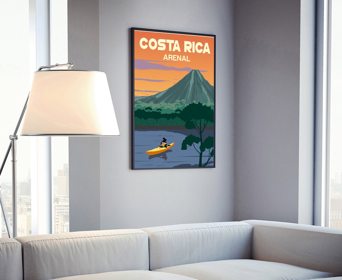 Costa Rica Arenal Volcano Sunset Lake Kayak Retro Travel Poster - Image 4