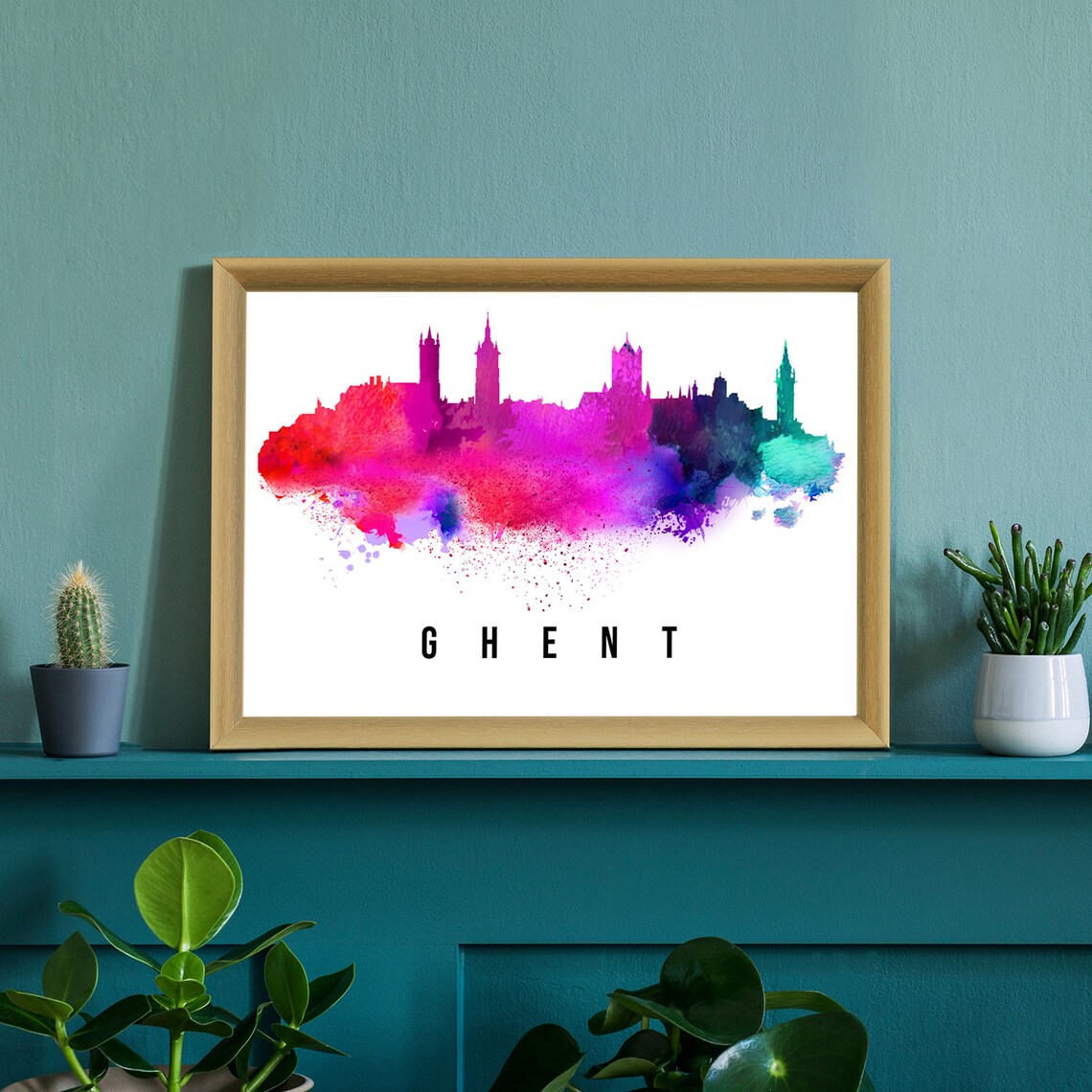 Ghent Belgium Magenta Pink Watercolor Skyline Silhouette Poster - Image 2