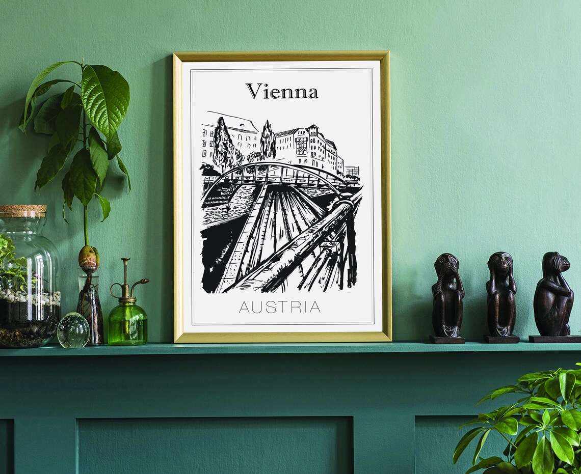 Vienna Austria Arched Canal Bridge Hand Drawn Line Art Travel Poster - Image 3