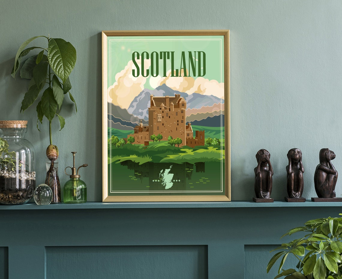 Scotland Highland Castle Lake Reflection Retro Style Travel Poster - Image 3