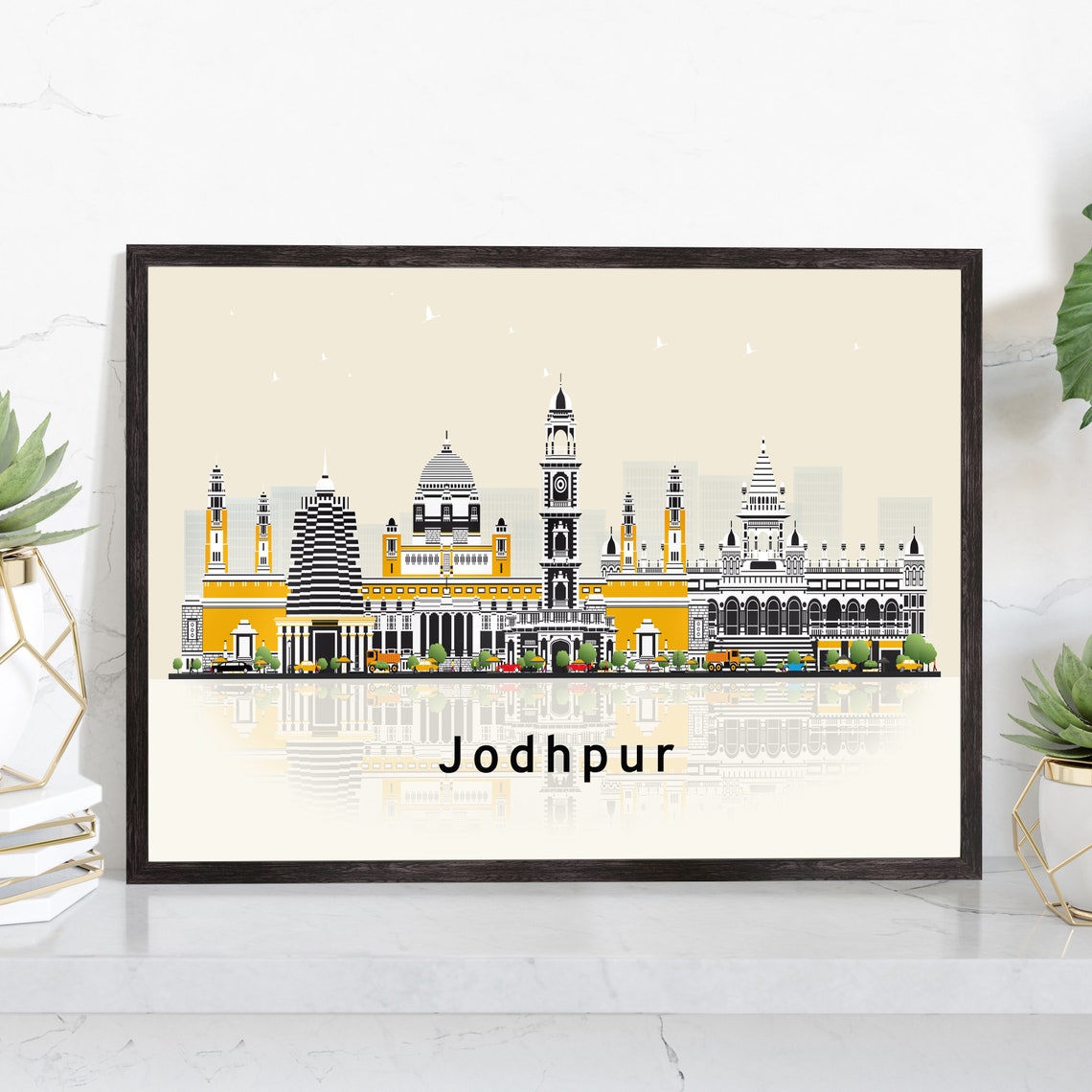 Jodhpur India Blue City Skyline Reflection Modern Travel Poster