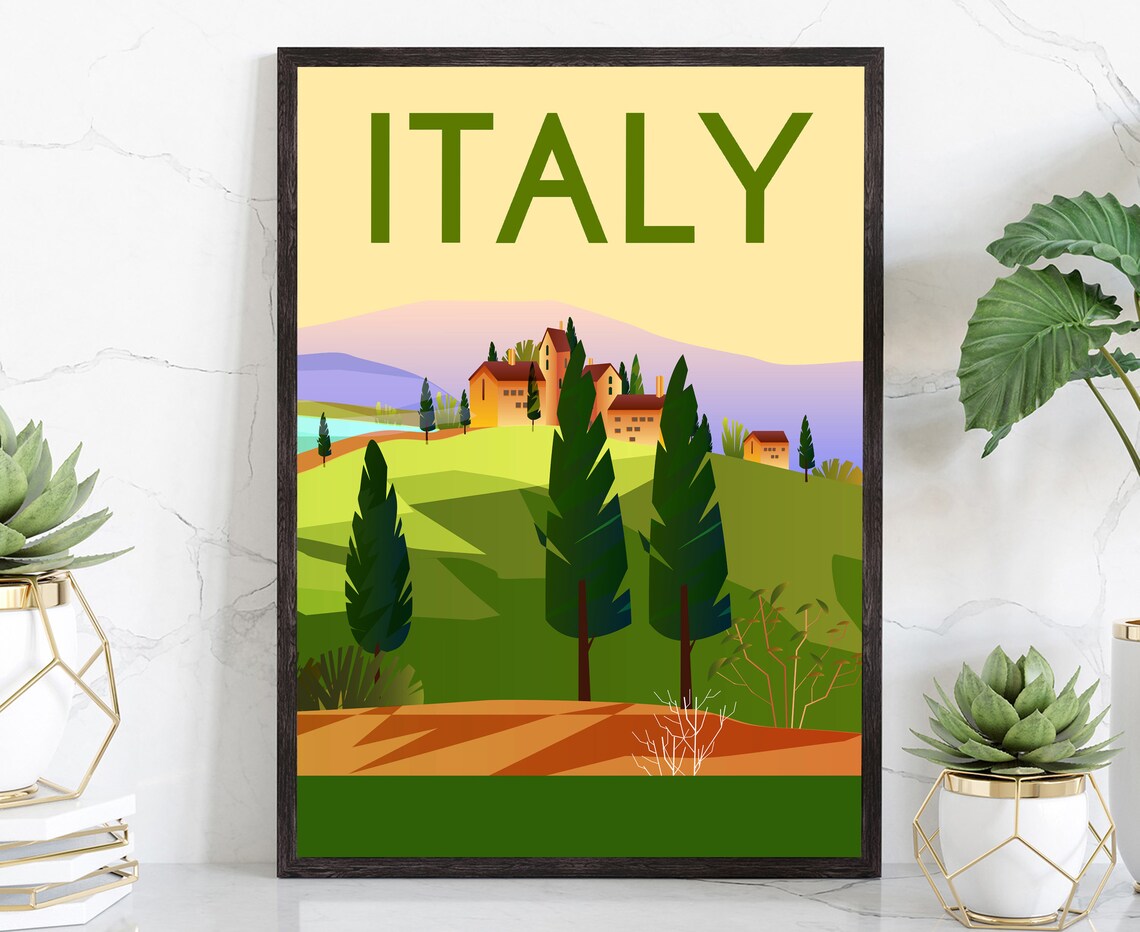 Italy Retro Tuscan Countryside Hill Village Cypress Travel Poster