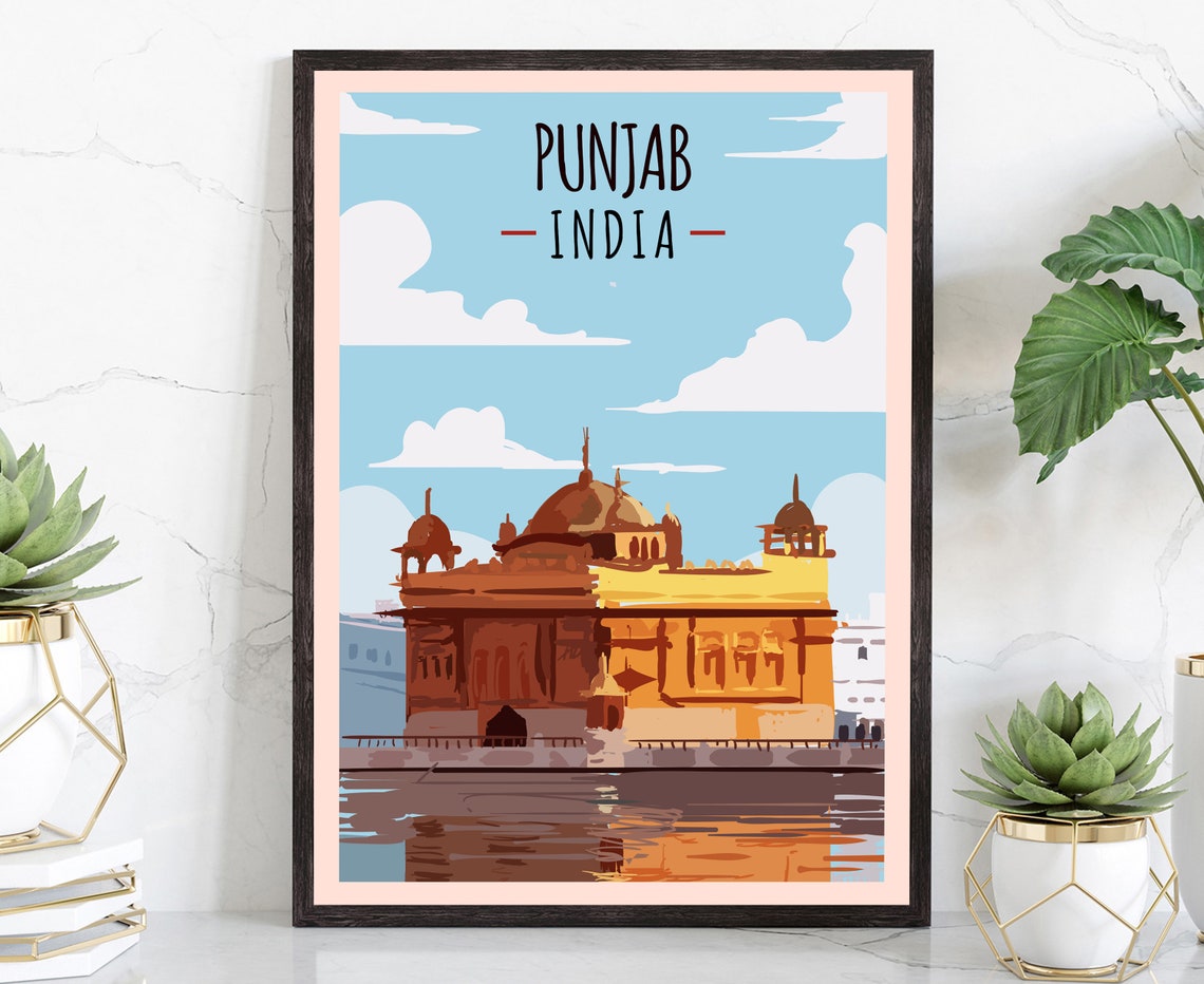 Punjab India Golden Temple Amritsar Flat Illustration Travel Poster
