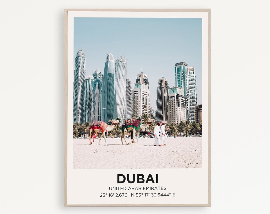 Dubai UAE Camels Beach Marina Skyline Photography Travel Poster