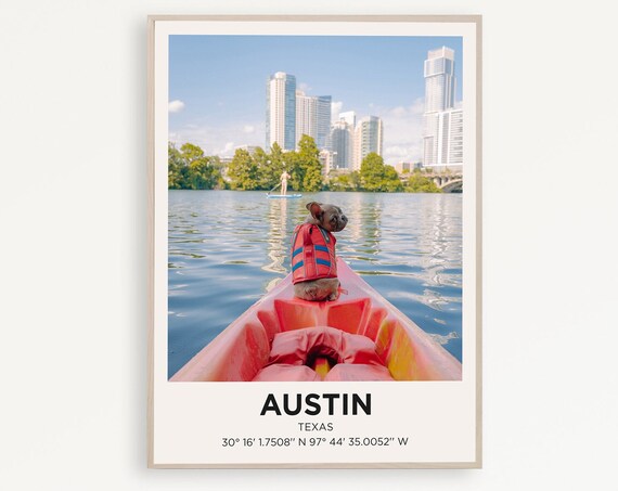 Austin Texas Kayak Dog Color Skyline Photo Fun Travel Poster