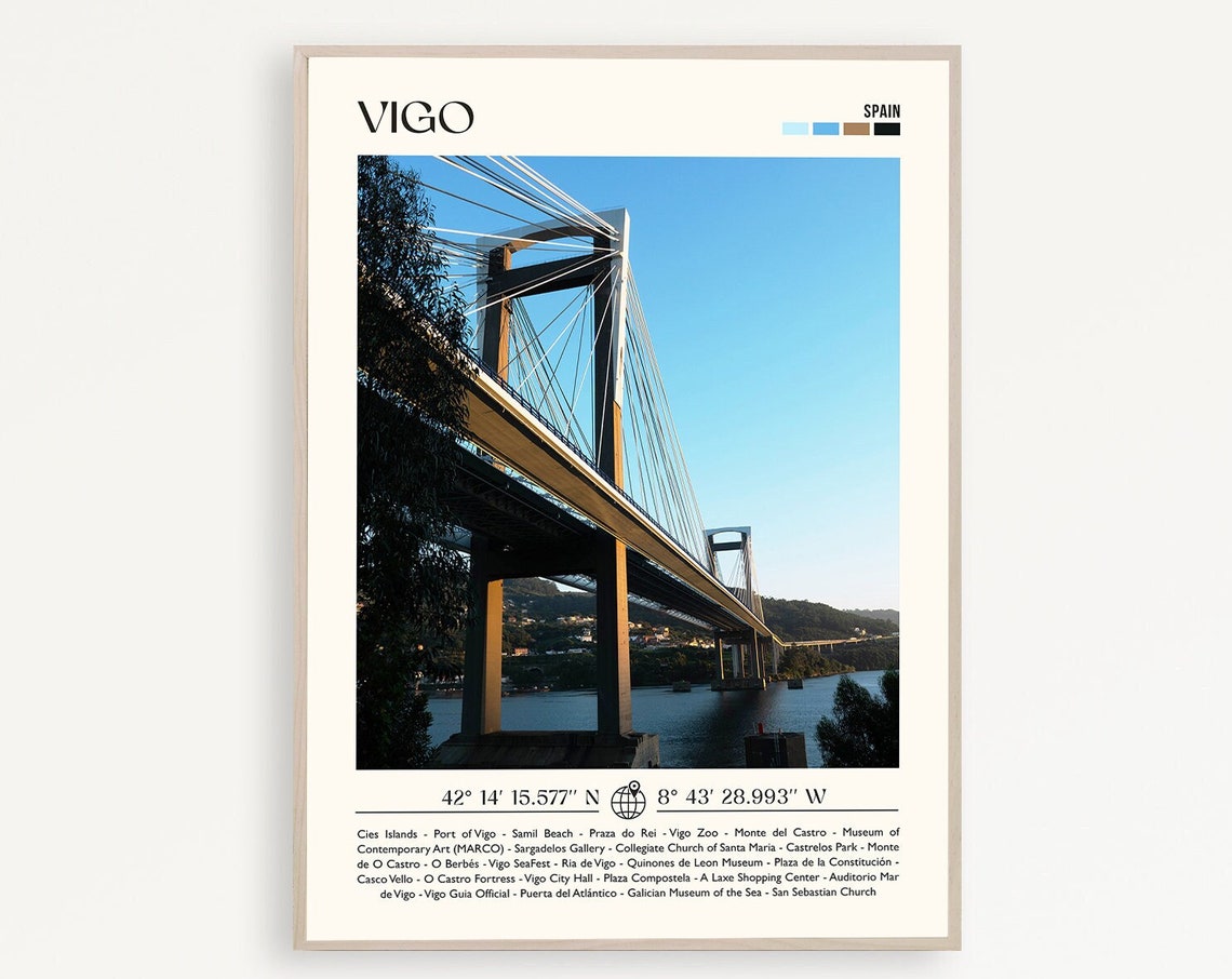 Vigo Spain Rande Bridge Travel Poster With Attractions Guide List
