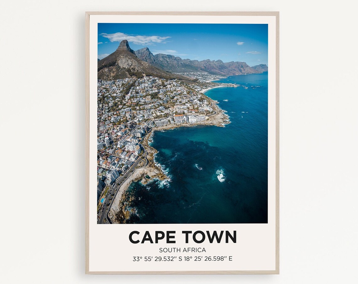 Cape Town South Africa Aerial Coastline Table Mountain Travel Poster