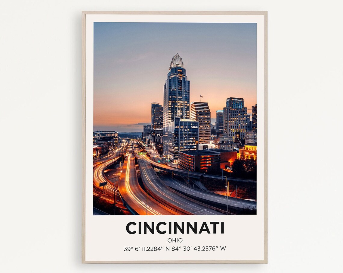 Cincinnati Ohio Dusk City Skyline Highway Lights Travel Poster