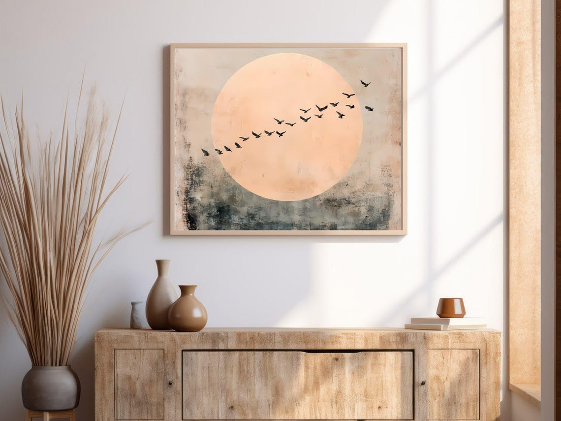 Minimalist Sunset Wall Art Birds In Flight Zen Print Tranquil Spiritual Nature Decor