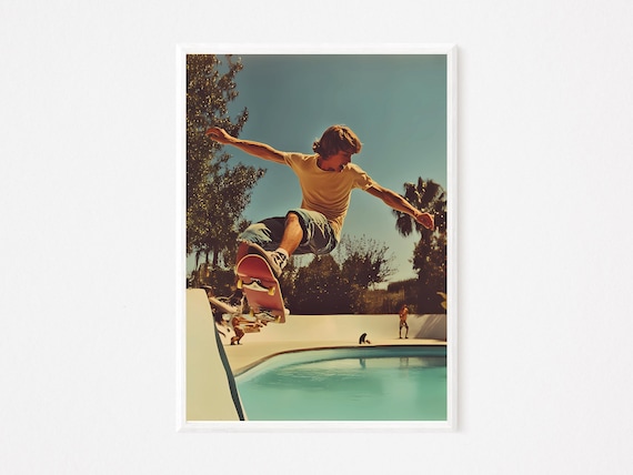 Skateboarder Midair Pool Jump Vintage Summer Action Photo Poster