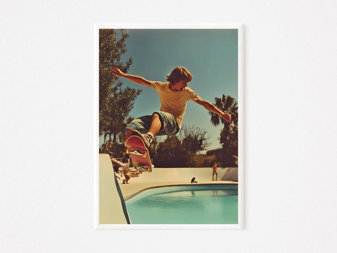 Skateboarder Midair Pool Jump Vintage Summer Action Photo Poster