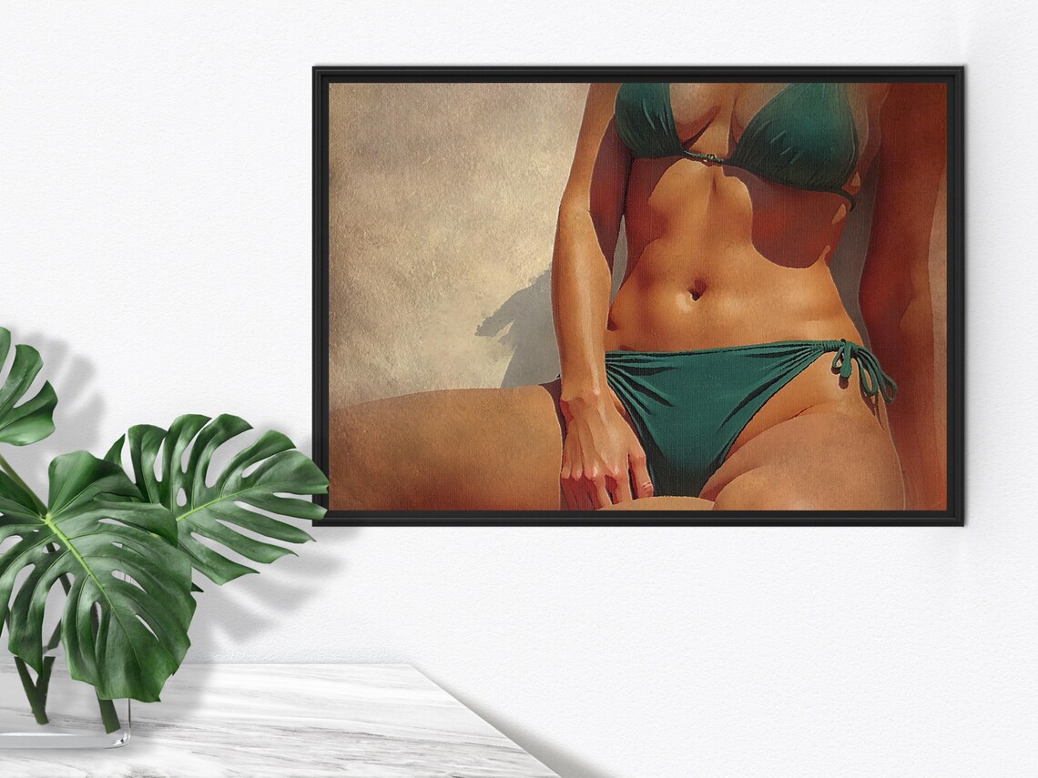 Vintage Sunkissed Woman Sunbathing in Green Bikini Art Poster
