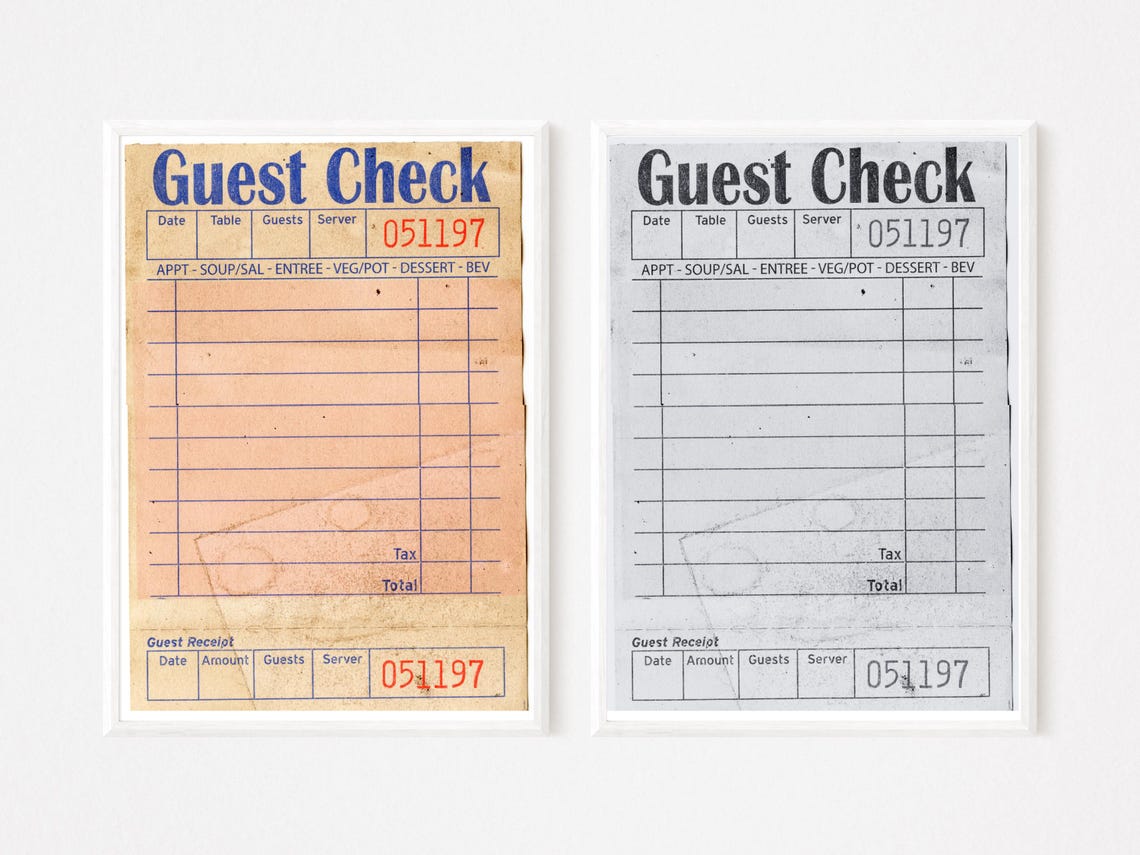 Vintage Guest Check Receipt Pair Retro Diner Kitchen Art Poster