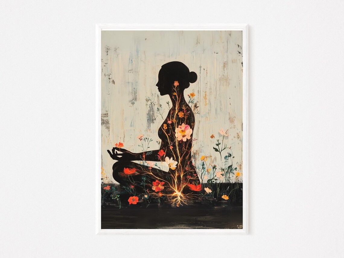 Meditating Woman Silhouette Blooming Flowers Spiritual Wall Art