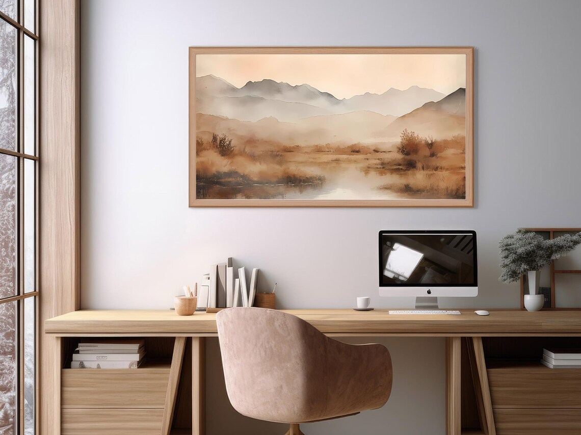 Tranquil Misty Mountain Lake Dawn Watercolor Landscape Poster